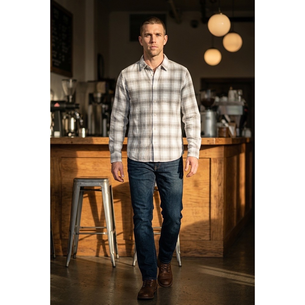 Vince Mens Classic Fit Plaid Ribbed Button Down Shirt Grey White Cotton Large L